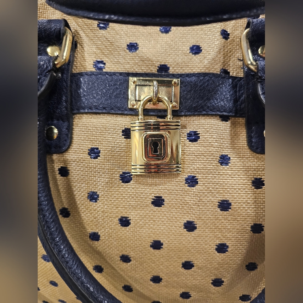 Tan & navy satchel top handle adjustable crossbody versatile purse bag - Picture 3 of 8